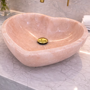 Lavabo de Ónix Rosa en Forma de Corazón de Lujo con Desagüe Dorado, Lavabo Moderno para Baño, Elegante Lavabo de Piedra - Product Image 1