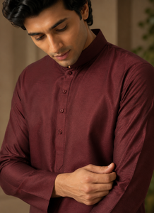 <b>Men</b> Maroon Silk <b>Kurta</b> Pajama Set Mandarin Collar Ethnic Party Wear Shirt Wholesale Traditional Festive Tunic Top Custom - Product Image 6