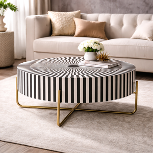 WOODEN ARTISTIC Black <b>White</b> Bone Inlay Coffee <b>Table</b> <b>Round</b> Center <b>Table</b> Modern Floral Pattern Living Room Furniture Rajasthan - Product Image 1