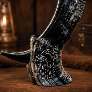 Jarra de cuerno para beber Fenrir Wolf con soporte, grabada con diseño vikingo, hecha a mano por B H Brothers. - Product Image 2