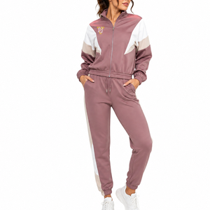 Conjunto Deportivo de 2 Piezas para Mujer, Bloques de Color, Manga Larga, Cierre de Cremallera, Corte Holgado, para Todas las Temporadas, Tejido de Poliéster y Algodón - Product Image 1