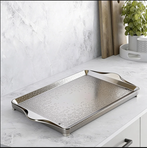 Bandeja de Servicio Rectangular de Metal Plateado de Lujo, Plato Decorativo con Superficie Texturizada para Hotel, Hogar, Mesa, Vajilla - Product Image 1