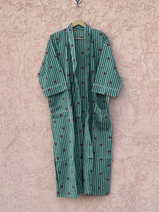 Green Striped Kimono <b>Robe</b> for Women Red Heart Hand Block Print Wrap Cotton Bathrobe Cozy Loungewear Spring/Summer <b>Beach</b> Cover - Product Image 5