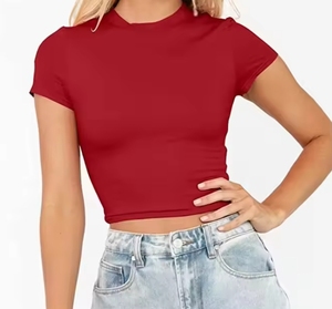 Women's <b>Red</b> <b>Crop</b> <b>Top</b> Short Sleeve Crew Neck Knitted Slim Fit Casual Solid Color Spring Summer - Product Image 1