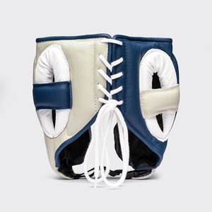 Custom Navy Blue Leather Boxing <b>Head</b> Guard with Hook & Loop Closure for Kick Boxing MMA <b>Training</b>-Full Face Protection Unisex - Product Image 5