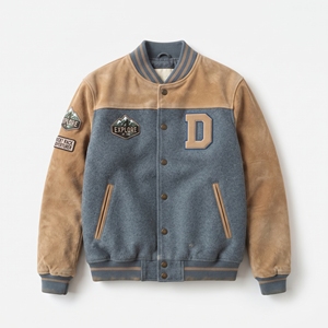 <b>Men's</b> Varsity <b>Jacket</b> <b>Suede</b> Leather Sleeve Embroidered Patch Design Letter D Front Casual Autumn Outerwear - Product Image 1