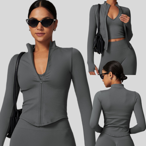Veste de yoga légère pour femme, extensible dans quatre directions, écologique, manches longues, col montant, coupe seconde peau, haut d'entraînement fitness - Product Image 1