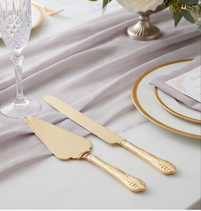 Espátula y cuchillo para servir pasteles de acero inoxidable, estilo antiguo, color dorado, ideales para ceremonias y bodas. - Product Image 5