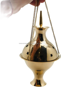 Brûleur d'encens suspendu en laiton pour charbon de bois, style bouddhiste tibétain, compatible avec l'encens, 7 pouces de haut, 3,5 pouces de diamètre, toutes saisons - Product Image 2
