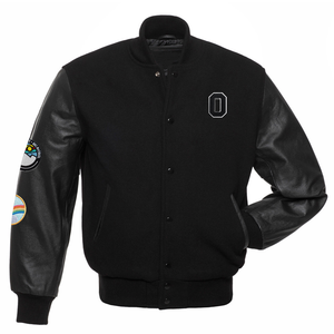 Chaqueta de invierno negra para hombre, estilo universitario, con mangas de lona, logotipo bordado, diseños de parches, cuello alto informal, forro polar Sherpa. - Product Image 1