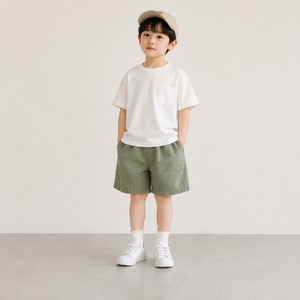 Shorts d'été pour garçons en sergé kaki, coupe large, décontractés, confortables, 100% coton tissé, taille élastique - Product Image 3