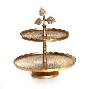 Wholesale Antique Gold Metal 2 <b>Tier</b> Serving Tray Scalloped Edge Cupcake Stand Decorative Leaf Handle Dessert Platter - Product Image 1