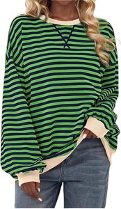 Camiseta de Manga Larga a Rayas con Parches para Mujer, Talla Grande, Informal, Transpirable, Antipilling, para Uso Diario - Product Image 3