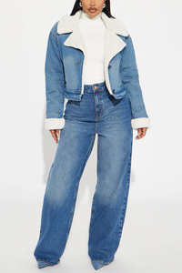 Women's <b>Cropped</b> Sherpa <b>Denim</b> <b>Jacket</b> Faux Fur Lined Winter Jean <b>Jacket</b> Custom OEM ODM Premium Casual Streetwear Outerwear - Product Image 3