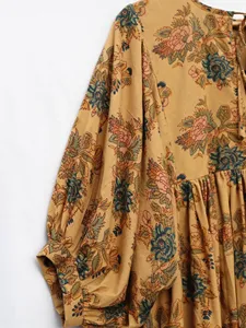 Bohemian Floral Print Brown Cotton Midi <b>Dress</b> With Puff Sleeve V-Neck <b>Loose</b> Fit A-Line Casual Summer <b>Dress</b> For Women - Product Image 3