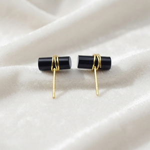 Ratnarachit <b>Black</b> Onyx <b>Earrings</b> 12x5mm Rounded Rectangle Wire Wrapped Gold Plated Minimalist <b>Studs</b>-Gift - Product Image 5
