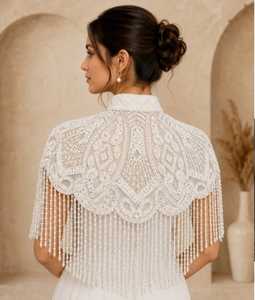 Elegant <b>White</b> Lace Wedding <b>Cape</b> With Beaded Fringe And High Collar Design For Bridal Wear - Product Image 5