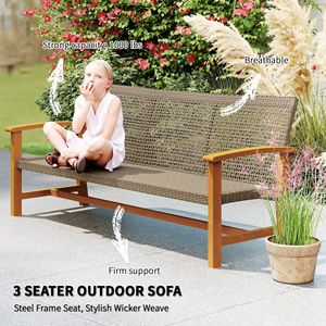 3 Seat Wicker Outdoor Patio <b>Sofa</b> Acacia Wood Furniture with Steel Armrests 1000 LBS Capacity Teak <b>Waterproof</b> Cushion - Product Image 4