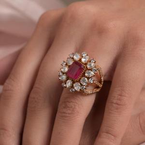 Latest Gajaah 925 Sterling Silver "Pink Petal Bloom" Pink Gemstone & Polki Diamond Cluster <b>Ring</b> For Women Bridal Engagement <b>Ring</b> - Product Image 2