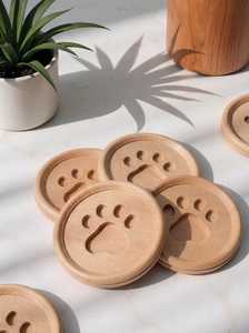 Handmade Paw Pattern Engraved Wooden Round Tea <b>Coasters</b> With Paw Print Design Non Slip <b>Heat</b> Resistant By UO INDIA - Product Image 1