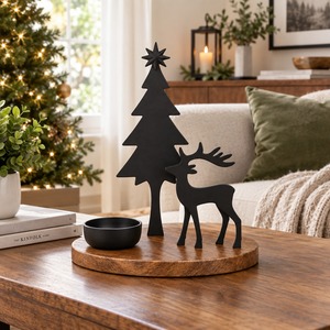 Christmas Tree and Reindeer <b>Candle</b> Holder Wooden Base Minimalist Holiday Decor Tabletop Ornament <b>Winter</b> Theme - Product Image 2