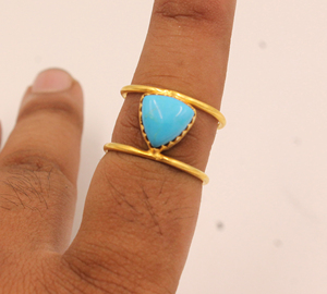 Anillo de Plata de Ley 925 con Turquesa Natural, Engaste Clásico en Bisel, Chapado en Oro de 18k, Gema Triangular, Doble Banda, para Mujer - Product Image 3