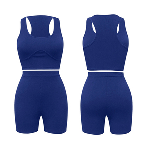 Ensemble de yoga 2 pièces sans couture bleu grande taille, haut court taille haute et short dos nageur sans manches, couleur unie, en Spandex et Polyester - Product Image 2