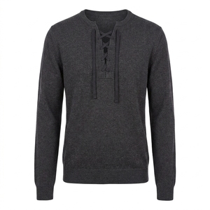 Men Lace up V-neck Solid Knit <b>Sweater</b> Long Sleeve <b>Shirt</b> for Autumn Casual Wear ODM - Product Image 4