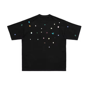 T-shirt en jersey noir pour homme, coupe classique, manches courtes, col rond, style streetwear, logo imprimé sur le devant, coton élastique, strass scintillants - Product Image 1