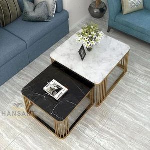 Ensemble de tables basses gigognes de luxe à plateau en marbre et structure en métal doré pour salon, hôtel, mobilier de maison - Product Image 2