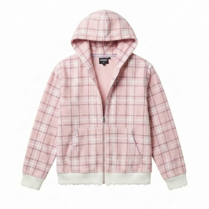 Zip-up Custom Logo Plaid Waffle Knit Heavyweight Oversized Acid Washed Hoodie Drop Shoulder Distresseing Hoodie for Men - Product Image 1