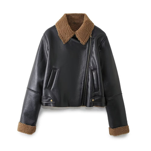 Chaqueta bomber de piel sintética negra para mujer con cuello y puños con ribete de piel, abrigo corto de invierno a prueba de viento, manga larga - Product Image 1