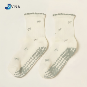 Chaussettes courtes personnalisées avec logo pour femme, en coton, antidérapantes, motif nœud, vert sauge, tricot jacquard, usage quotidien, printemps, Pilates, Yoga - Product Image 2