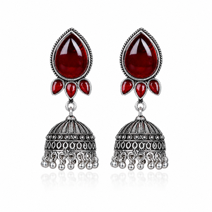 Oxidized <b>Silver</b> Red Stone Bollywood Jhumka <b>Earrings</b> Handmade Teardrop <b>Dangle</b> Ethnic Indian Statement <b>Earrings</b> for Women - Product Image 1