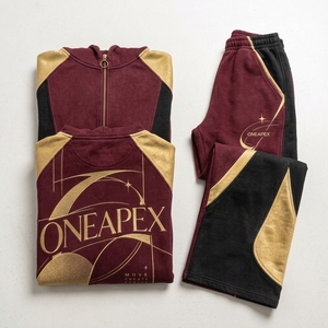 <b>Women's</b> Hooded Acid Wash Tracksuit Set Maroon Gold <b>Black</b> Color Blocking Streetwear Loose Fit <b>Shorts</b> with Side Pockets - Product Image 5