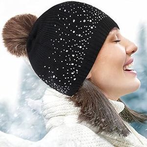 Wholesale Black Crystal Beanie <b>Hat</b> Rib Knit Winter Cap Unisex Soft <b>Warm</b> Stretch Skull Cap Custom Logo <b>Hat</b> - Product Image 1