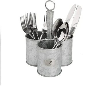 Organisateur de cuisine créatif en métal galvanisé de qualité supérieure avec 4 compartiments et poignée en bois pour ustensiles et couverts - Product Image 3