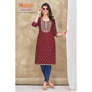 DISEÑADOR SLUB ALGODÓN BORDADO FOIL PRINT TRABAJO SOLO KURTI MAROON - Product Image 1