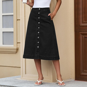 Falda vaquera negra de mujer, nueva colección 2026, cintura alta, botones frontales, corte recto, informal de verano con bolsillos grandes, a la moda. - Product Image 2