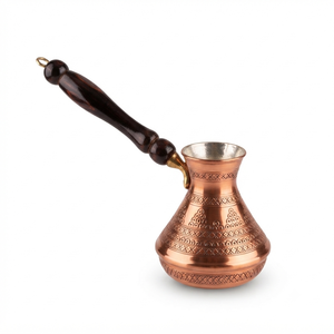 Cafetera Turca Cezve de Cobre Puro con Grabado Vintage, para Estufa, Estilo Griego Briki Ibrik, con Mango de Madera Oscura Brillante - Product Image 1