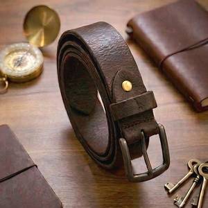 Ceinture décontractée pour homme en cuir véritable marron, boucle ardillon en cuir de vachette, durable, moulée en une seule pièce, boucle rectangulaire en fer - Product Image 2
