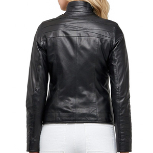 Blouson de moto en cuir de vache véritable tricoté pour femme, col montant zippé, respirant, hiver, grandes tailles, OEM, couleur unie - Product Image 2