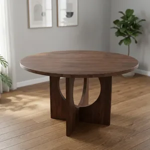 Table basse vintage ronde en bois de noyer foncé avec base à découpes géométriques, meubles de salon de style mid-century modern, pièces d'appoint - Product Image 4