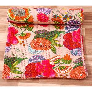 ART&ART Colcha Indiana Hecha a Mano Kantha para Mujer, 100% Algodón, Diseño Floral con Estampado a Bloque, 220g de Peso de Tela, Rajasthan - Product Image 5