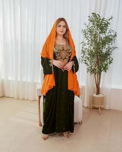 Awais House Women's Velvet Abaya Floor Length <b>Plus</b> <b>Size</b> Embroidered Sweetheart Neck Long Sleeve Modest Summer Middle East Prayer - Product Image 2