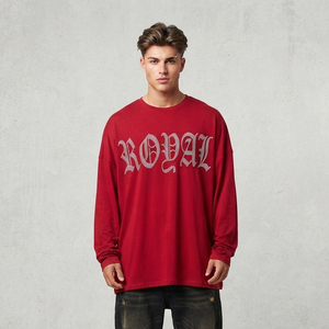 Camiseta de hombre de alta calidad con pedrería, manga larga, algodón grueso, estilo urbano, corte holgado, cuello redondo, oversize - Product Image 1