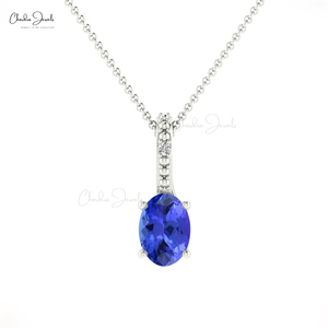 Colgante de Tanzanita Natural de Corte Ovalado de 6x4mm con Engaste Oculto y Collar de Oro Sólido de 14k con Pavé de Diamantes, de Proveedor Mayorista de Joyería - Product Image 2