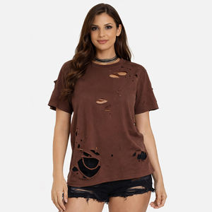 Camiseta de Moda para Mujer, Color Marrón, Estilo Desgastado y Rasgado, Manga Corta, Cuello Redondo, Estilo Vintage, Streetwear - Product Image 1