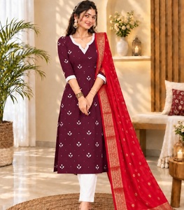 <b>Women</b> Maroon Printed Cotton <b>Kurta</b> With White Pants And Red Dupatta Traditional Ethnic Set <b>for</b> Festive Party <b>for</b> <b>Women</b> Wear - Product Image 1
