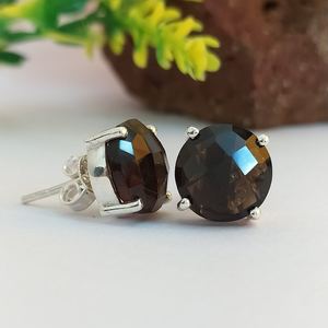 Natural Smoky Quartz Faceted Round Shape Gemstone <b>Earrings</b> 10mm Quartz Stone In 925 Sterling Silver Stud Stud <b>Earrings</b> For Women - Product Image 4